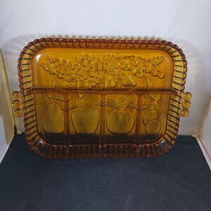 Vintage Indiana Glass Co. Serving Tray of Amber Glass/Fruit Sectional Platter